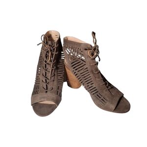 SAM EDELMAN Rocco Brown Lace Up Sandal Block Heel Laser-cut Round Faux Suede 7.5